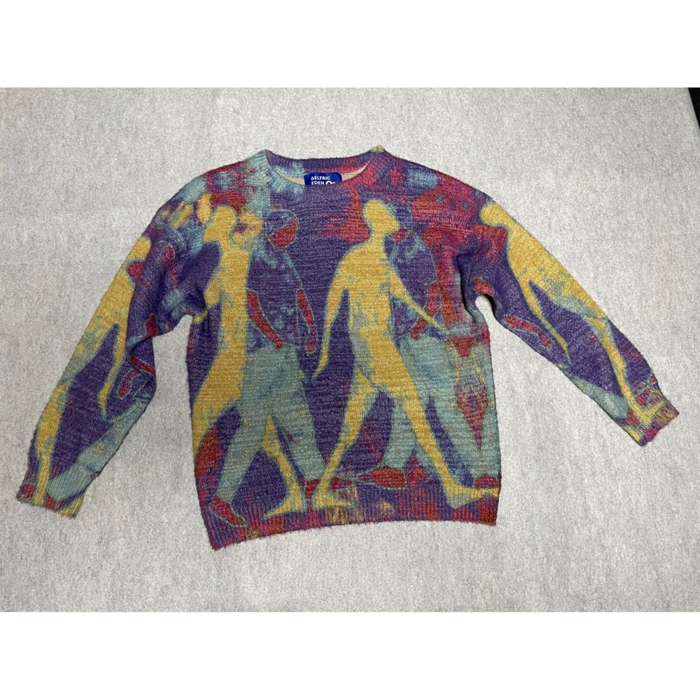 Aelfric Eden Abstract Figure Graphic Knit Sweater Purple Yellow XS Streetwear
